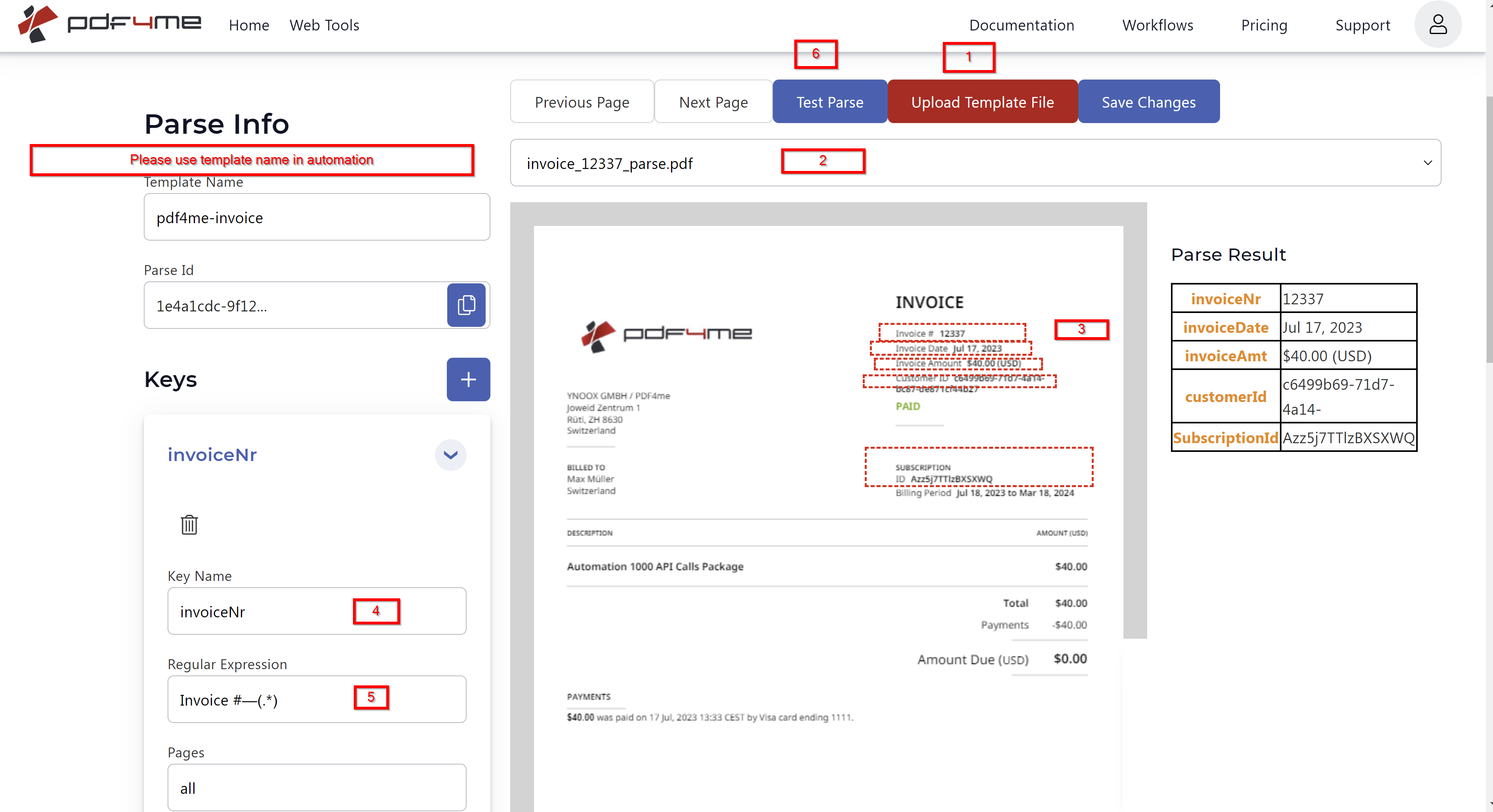 PDF4me-Benutzeroberfläche zur Konfiguration des Analysedokuments. Im linken Bereich werden Analyseinformationen mit dem Vorlagennamen „Rechnung“, der Analyse-ID und einem Schlüsselnamen angezeigt. Dieser enthält die Optionen „Ausdruckstyp auswählen“ (JavaScript-Ausdruck), „JavaScript-Ausdruckstext“, „Alle Seiten“ und „Gesamte Seite durchsuchen“. Im rechten Bereich wird die hochgeladene Rechnungs-PDF-Datei gerendert. Die Aktionsschaltflächen „Vorlagendatei hochladen“, „Analyse testen“ und „Änderungen speichern“ befinden sich oben (von links nach rechts) in der Reihenfolge ihrer Ausführung.